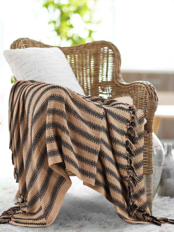 SASHAA WORLD Striped Throw Medium with Tasselled Edges |Throw for Living Room, Bedroom, Sofa & Chair |Camel Throw Blanket | 180 x130 cm - Image 1