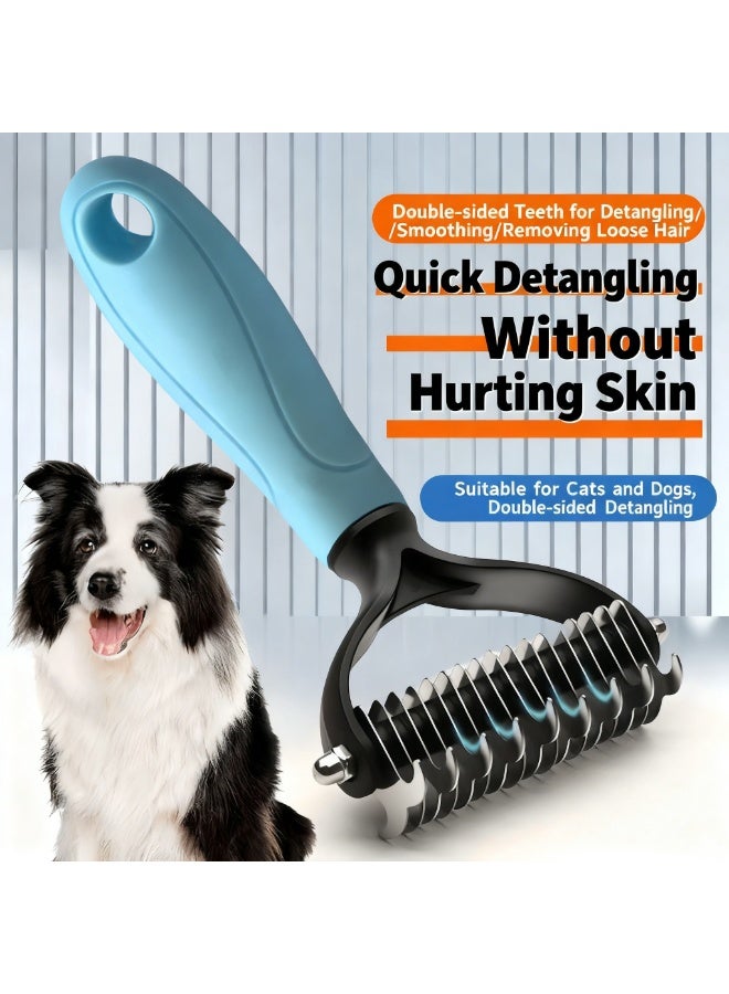 Dog Brush - Double Sided Deshedding Dematting Tool - Cat Brush Undercoat Rake - Dog Brushes Shedding Hair - Dog Grooming Brush Long Haired Cats - Cat Grooming Brush Pet Comb, Blue - Image 1