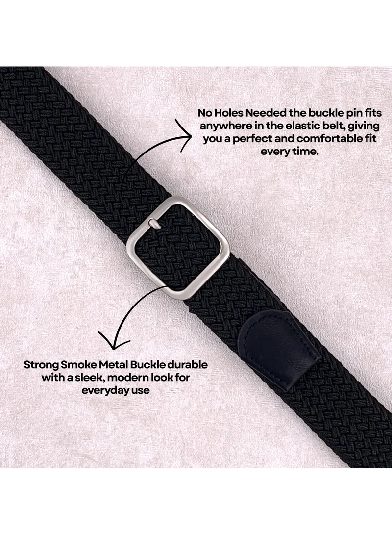 Classic Milano Black (DWE-314) Classic Milano Braided Cotton Elastic Stretch Belt for Men & Women, Woven Canvas Web Belt with Gift Box, Adjustable Men's Belt | Full Length: 110CM (Free Size - Fits up to the waist of 40 Inches / 100 CM)  | Best Price UAE