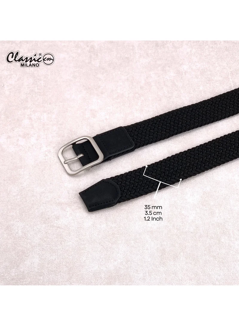 Classic Milano Black (DWE-314) Classic Milano Braided Cotton Elastic Stretch Belt for Men & Women, Woven Canvas Web Belt with Gift Box, Adjustable Men's Belt | Full Length: 110CM (Free Size - Fits up to the waist of 40 Inches / 100 CM)  | Best Price UAE