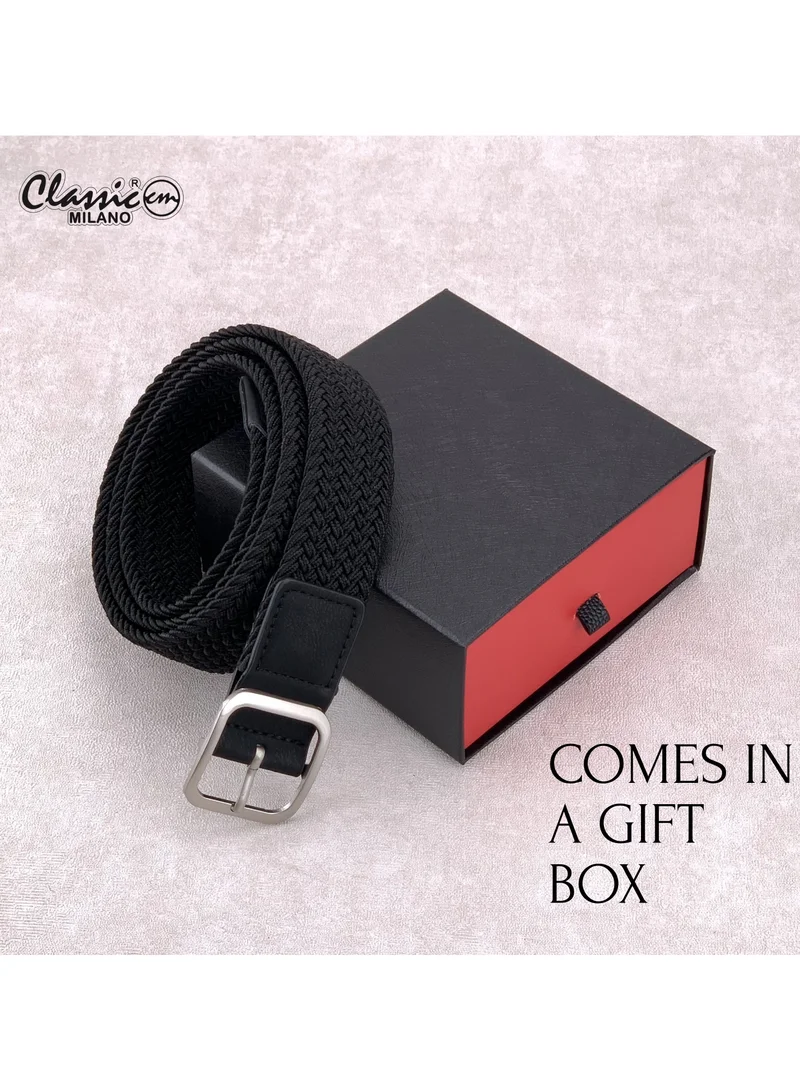 Classic Milano Black (DWE-314) Classic Milano Braided Cotton Elastic Stretch Belt for Men & Women, Woven Canvas Web Belt with Gift Box, Adjustable Men's Belt | Full Length: 110CM (Free Size - Fits up to the waist of 40 Inches / 100 CM)  | Best Price UAE