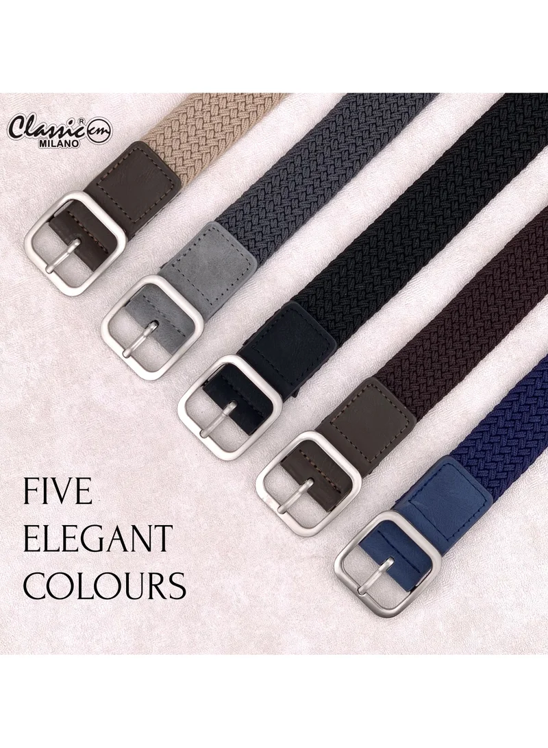 Classic Milano Black (DWE-314) Classic Milano Braided Cotton Elastic Stretch Belt for Men & Women, Woven Canvas Web Belt with Gift Box, Adjustable Men's Belt | Full Length: 110CM (Free Size - Fits up to the waist of 40 Inches / 100 CM)  | Best Price UAE