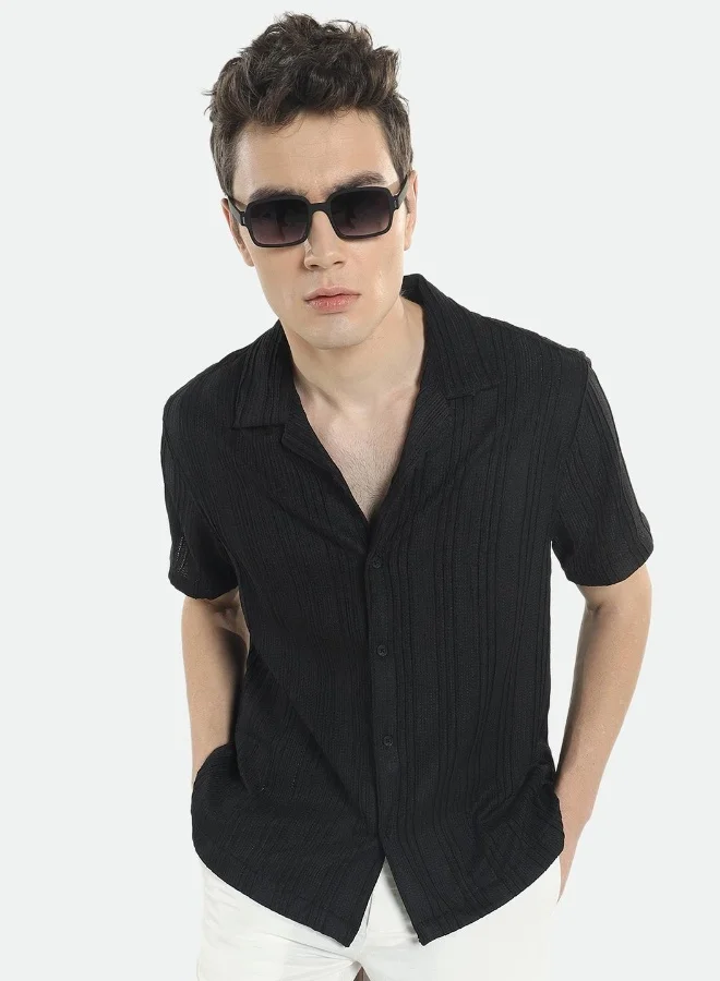 Dennis Lingo Relaxed Fit Black Shirt For Men Lycra Seer Sucker Fabric Striped Pattern Cuban Collar Half