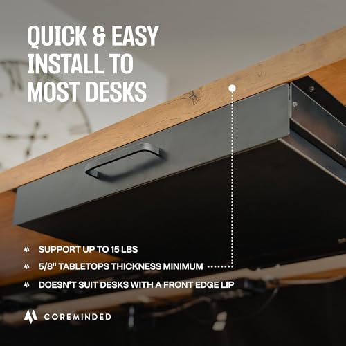 COREMINDED Under Desk Drawer Slide Out Attachment - Carbon Steel Undermount Table Drawer with Cable Management, Pull Out Add-On Storage for Office & Standing Desks (13" x 8" x 2.8") - Image 3