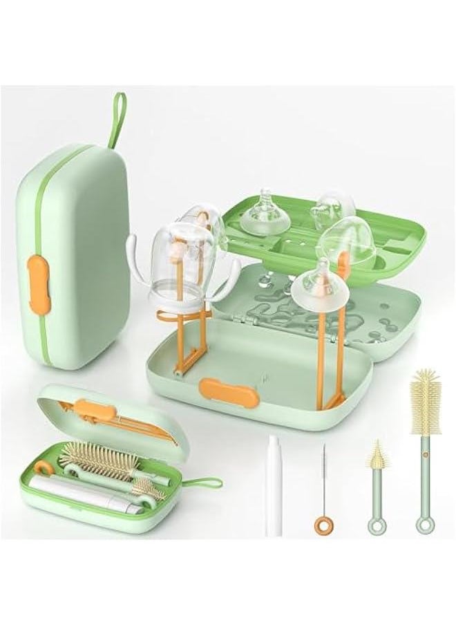 HOOKOR Durku 7in1 Travel Bottle Cleaner kit,Baby Essentials, with Bottle Brush,Nipple Brush,Straw Cleaner Brush,Soap Dispenser,Bottle Drying Rack,Drainage Tray,Storage Box,Baby Travel Essential (Green)  - Image 1