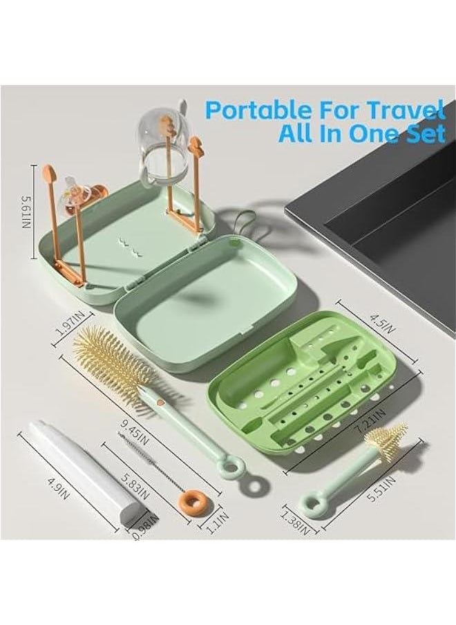 HOOKOR Durku 7in1 Travel Bottle Cleaner kit,Baby Essentials, with Bottle Brush,Nipple Brush,Straw Cleaner Brush,Soap Dispenser,Bottle Drying Rack,Drainage Tray,Storage Box,Baby Travel Essential (Green)  - Image 4