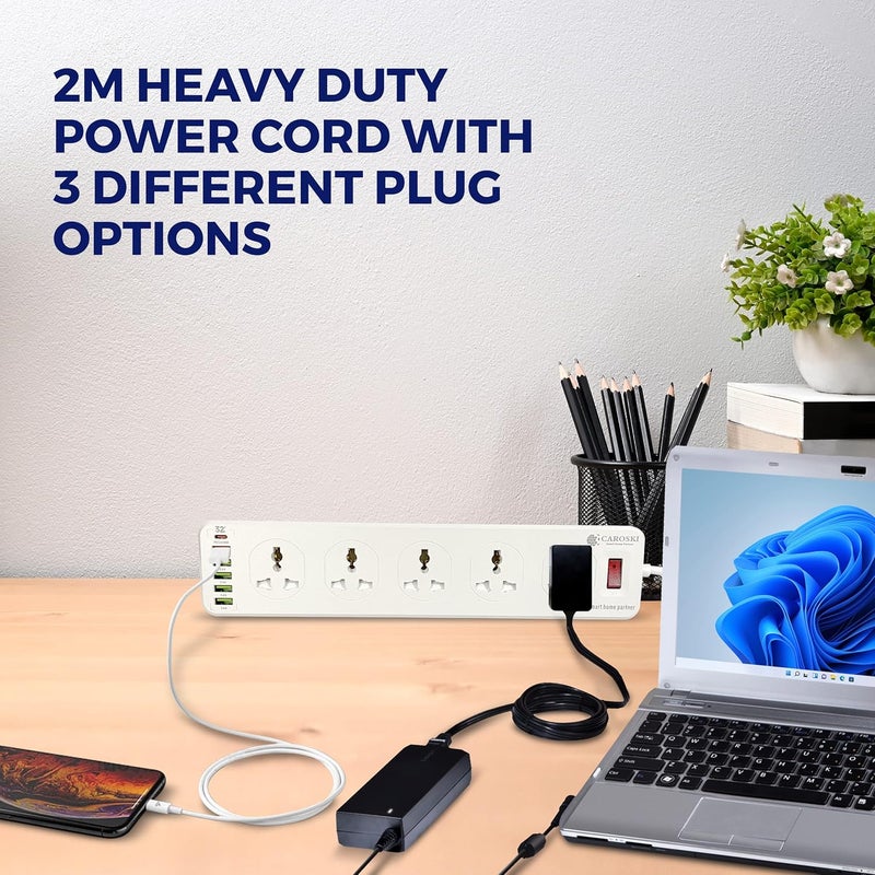CAROSKI Extension Cord with 10 Sockets & 6 USB Ports Heavy Duty Triangular Shape Power Extension With 1 Year Warrenty 4 USB-A 1 USB-C 1QC and 1Extra charging cable Power Strip with 2M Extension Cable - Image 5