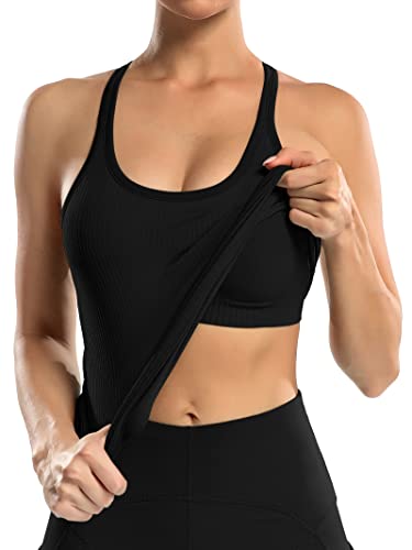 ATTRACO Black Workout Tops for Women Built in Bra Tank Tops Racer Back Yoga Tops Slim Fit - Image 3