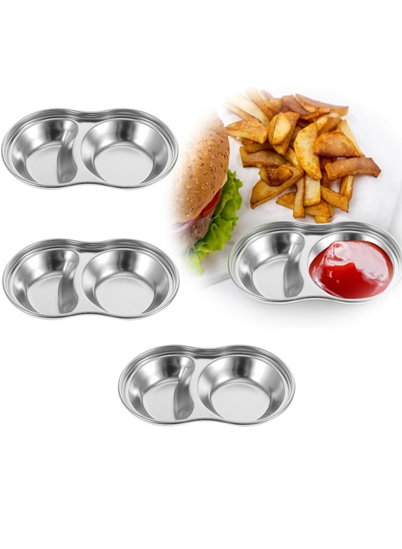 SYOSI Appetizer Plates Stainless Steel Seasoning Bowl Metal Dipping Bowl Side Dishes 2 Grids Divided Korean Sauce Dish Appetizer Plate Snack Bowl Dish Plate Kitchen Gadgets Korean Grill 4pcs - Image 1