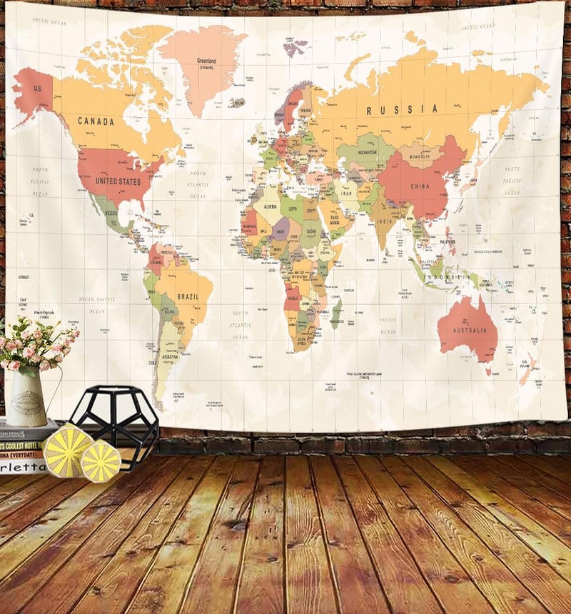 JAWO World Map Tapestry, Map of the World with Countries and Major Cities Wall Tapestries for Kids Student, World Map of the World Tapestry 60X40 Inch(Yellow) - Image 1