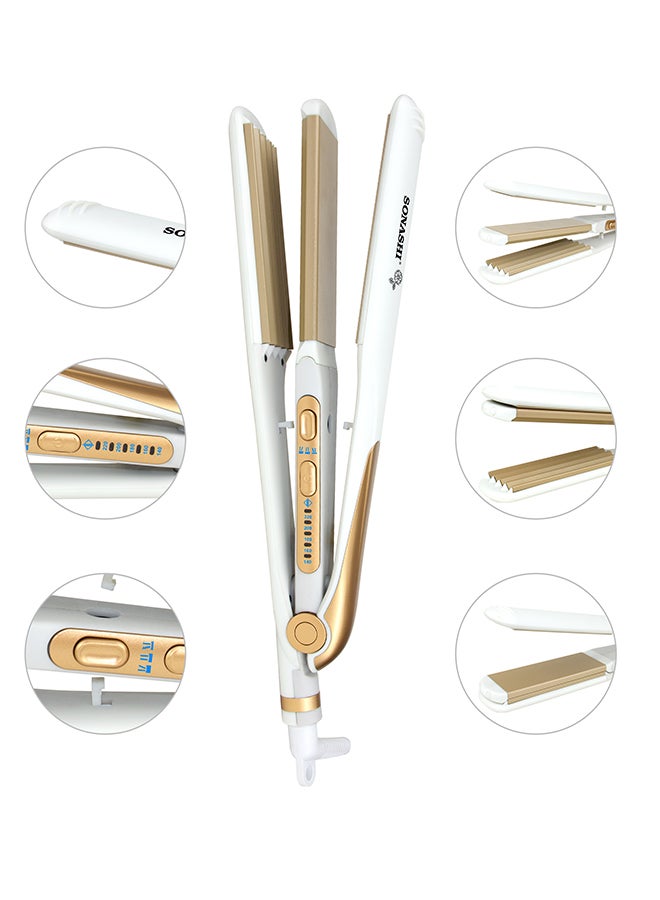 SONASHI 2 in 1 Hair Straightener And Crimper With Ceramic Coating Plates Crimper Plate For Perfect Waves PTC Heating LED Indicato Lock Function On And Off Switch Temperature Control Suitable For All Hair Types SHS-2082 White/Gold 33cm - Image 3