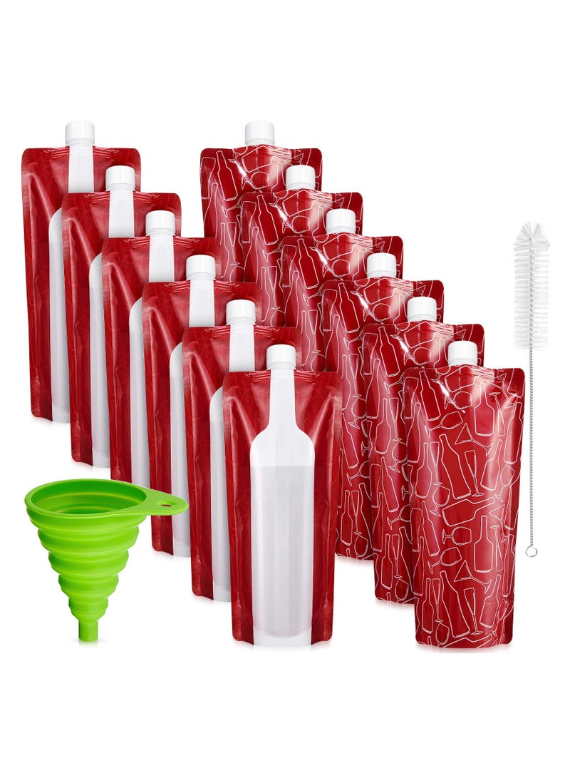 KASTWAVE 12 Pieces Foldable Plastic Wine Bags Plastic Wine Flasks Travel Pouches Wine Bottle Pouches with Collapsible Funnel and Bottle Cleaning Brush for Wine Liquor Beverages Travel Party Home Kitchen - Image 1