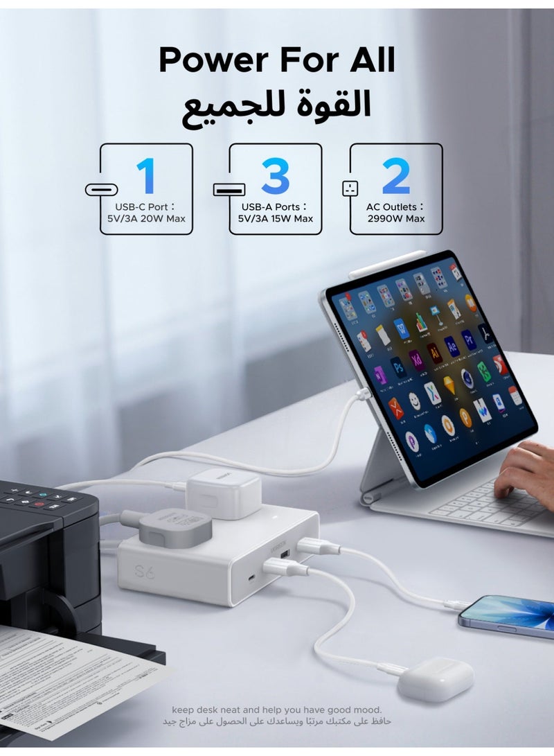 يو جرين سلك تمديد عالمي بطول 1.5 متر، ربط 6 أجهزة، منفذا طاقة متناوبة إجمالي الطاقة 2990 واط، 3 منافذ USB A ومنفذ USB C واحد، شحن سريع 20 واط لهاتف iPhone 17، مقبس كهربائي للمنزل والمكتب، حماية أمنية متعددة - Image 2
