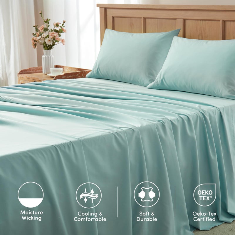 Comfort Spaces Queen Cooling Sheets, Moisture Wicking Coolmax Sheets, Soft, Colorfast Sheet Set, Cooling Bed Sheets For Hot Sleepers, Elastic Deep Pocket Fits Up to 16" Mattress, Queen Aqua 4 Piece - Image 5