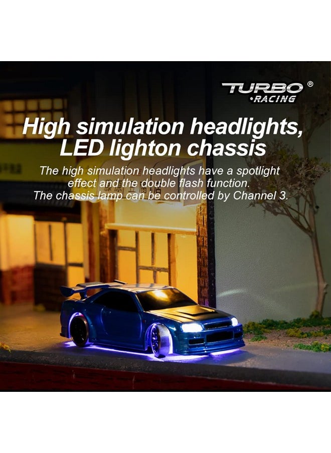 Flycolor - FLYCOLOR Turbo Racing 1:76 Scale Drift RC Car with Gyro Mini Full Proportional RTR 2.4GHZ Remote Control with 2 Replaceable Body Shell (C64-BLUE) - Image 1