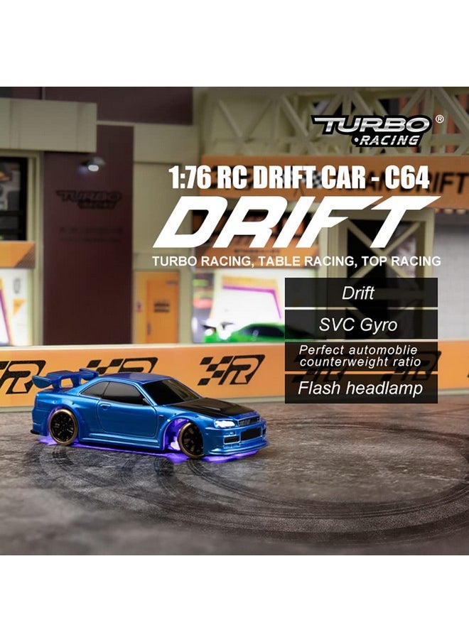 Flycolor - FLYCOLOR Turbo Racing 1:76 Scale Drift RC Car with Gyro Mini Full Proportional RTR 2.4GHZ Remote Control with 2 Replaceable Body Shell (C64-BLUE) - Image 1