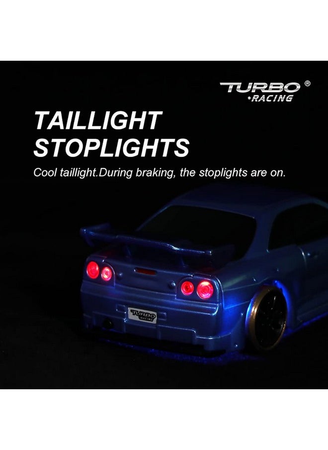 Flycolor - FLYCOLOR Turbo Racing 1:76 Scale Drift RC Car with Gyro Mini Full Proportional RTR 2.4GHZ Remote Control with 2 Replaceable Body Shell (C64-BLUE) - Image 1