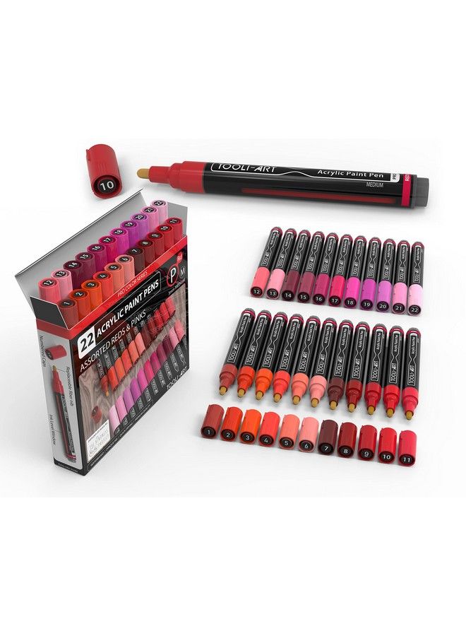 TOOLI-ART 22 Acrylic Paint Markers Paint Pens Pro Color Series Set 3Mm Medium Tip For Rock Painting Glass Mugs Wood Metal Glass Paint Canvas Diy. Non Toxic Waterbased Quick Drying (Reds) - Image 1