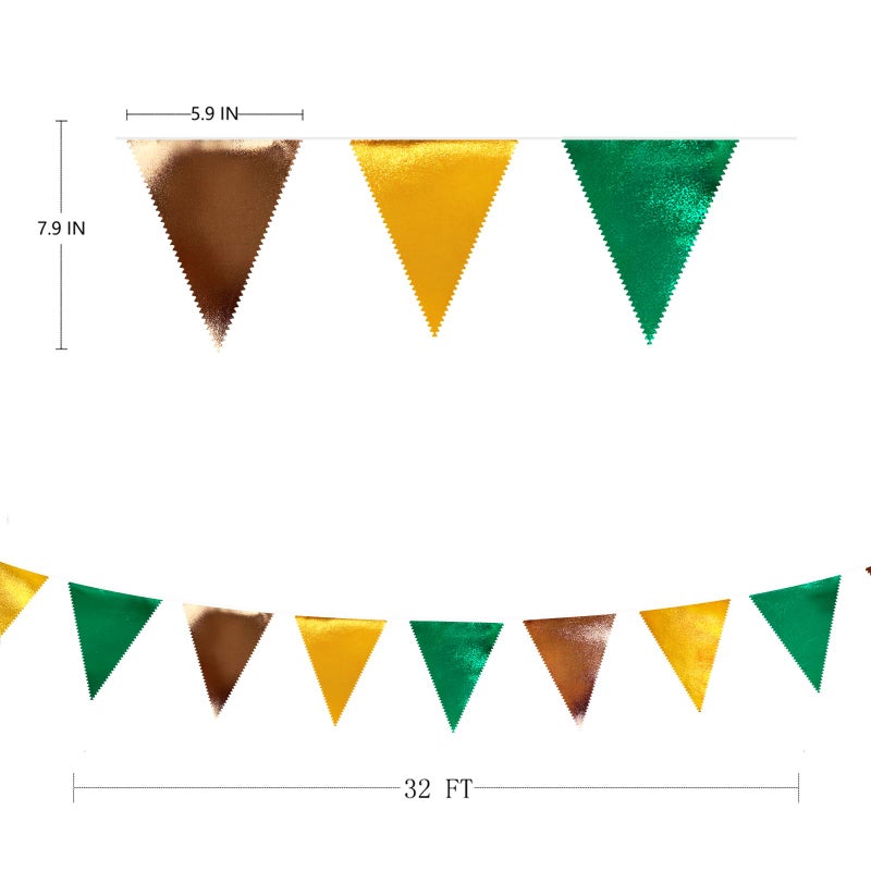 pinkblume Green Gold Brown Metallic Fabric Triangle Pennant Banner Flag Bunting Garland for Football Jungle Safari Wild Woodland Birthday Baby Shower Wedding Bachelorette Graduations Party Decorations Supplies - Image 2