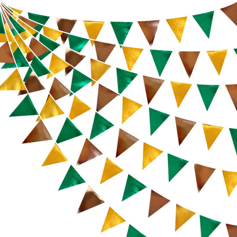 pinkblume Green Gold Brown Metallic Fabric Triangle Pennant Banner Flag Bunting Garland for Football Jungle Safari Wild Woodland Birthday Baby Shower Wedding Bachelorette Graduations Party Decorations Supplies - Image 1