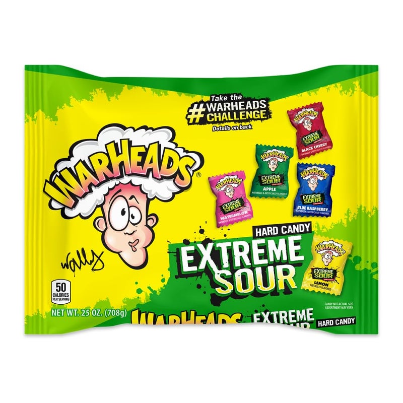 WARHEADS Extreme Sour Hard Candy Sour Apple Black Cherry Blue Raspberry Lemon Watermelon Flavors 25 oz Bag with 175 Pieces of Candy