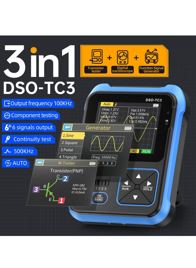 إكسفور راسم الذبذبات المحمول 3 في 1 DSO-TC3، عرض النطاق الترددي 500 كيلو هرتز، معدل أخذ العينات 10 مللي ثانية في الثانية، مولد إشارة DDS، اختبار الترانزستور، 6 أنواع من الأشكال الموجية، قياس الترانزستورات  - Image 2