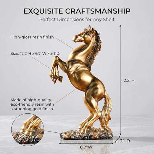 JINGTIANCD 12.2 inches Standing Horse Resin Statue Horse Art Figurine Decorative Home Office Decor Ornaments for Desk Bookshelf Cabinet to Attract Luck and Wealth (Golden) - Image 3