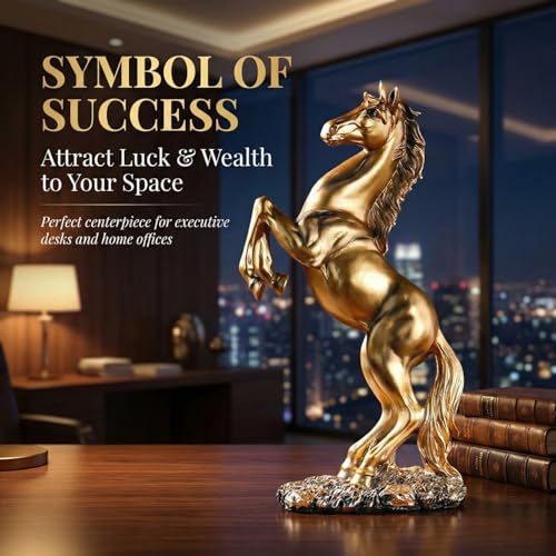 JINGTIANCD 12.2 inches Standing Horse Resin Statue Horse Art Figurine Decorative Home Office Decor Ornaments for Desk Bookshelf Cabinet to Attract Luck and Wealth (Golden) - Image 5