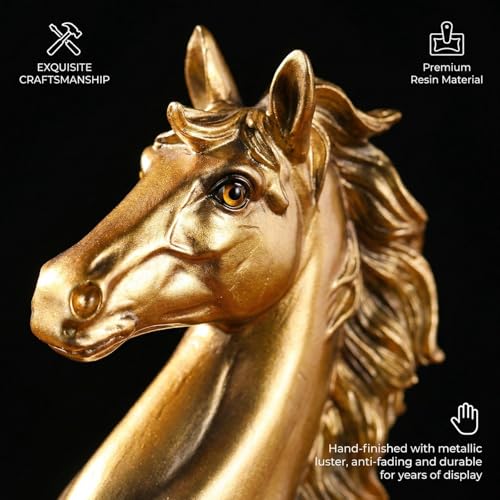 JINGTIANCD 12.2 inches Standing Horse Resin Statue Horse Art Figurine Decorative Home Office Decor Ornaments for Desk Bookshelf Cabinet to Attract Luck and Wealth (Golden) - Image 4