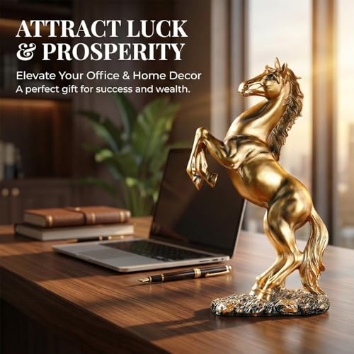 JINGTIANCD 12.2 inches Standing Horse Resin Statue Horse Art Figurine Decorative Home Office Decor Ornaments for Desk Bookshelf Cabinet to Attract Luck and Wealth (Golden) - Image 2