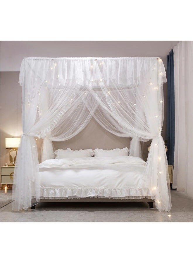 VETHIN 4 Corners Post Ruffle Princess Bed Canopy Curtain-Double Layer Cozy Drape Netting 4 Opening Mosquito Net for Girls Adults Bedroom Decoration (White/White, 53" W*78" L*82"*H/(Full)) - Image 4