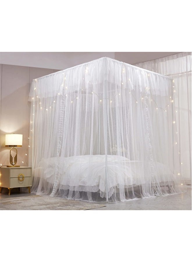 VETHIN 4 Corners Post Ruffle Princess Bed Canopy Curtain-Double Layer Cozy Drape Netting 4 Opening Mosquito Net for Girls Adults Bedroom Decoration (White/White, 53" W*78" L*82"*H/(Full)) - Image 3