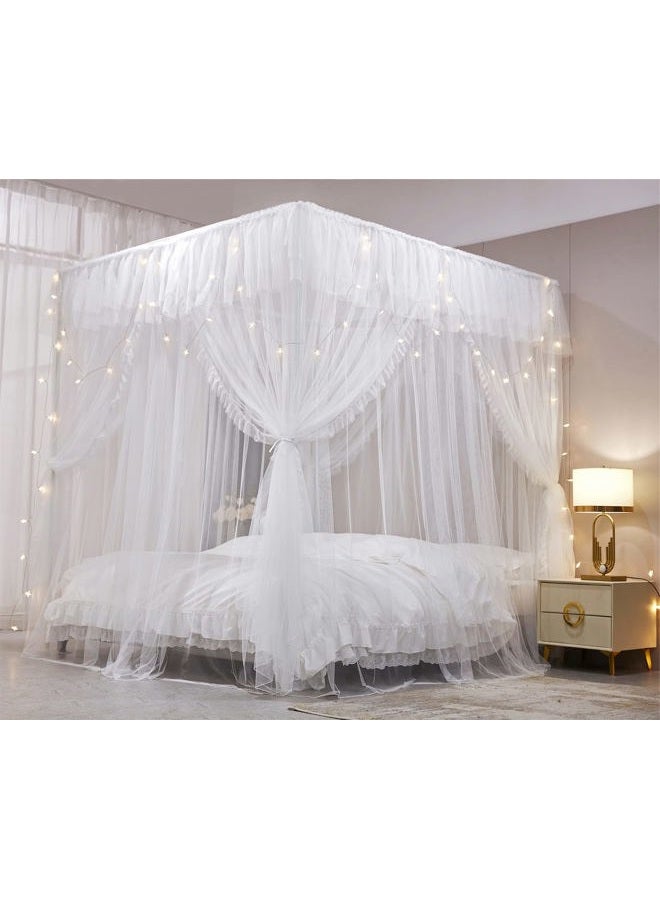 VETHIN 4 Corners Post Ruffle Princess Bed Canopy Curtain-Double Layer Cozy Drape Netting 4 Opening Mosquito Net for Girls Adults Bedroom Decoration (White/White, 53" W*78" L*82"*H/(Full)) - Image 2
