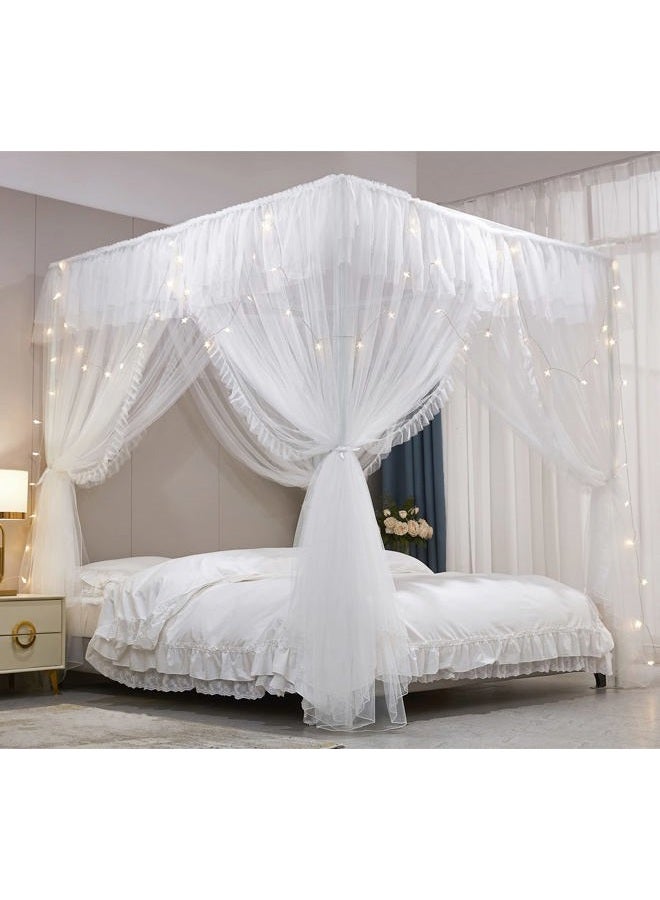 VETHIN 4 Corners Post Ruffle Princess Bed Canopy Curtain-Double Layer Cozy Drape Netting 4 Opening Mosquito Net for Girls Adults Bedroom Decoration (White/White, 53" W*78" L*82"*H/(Full)) - Image 1