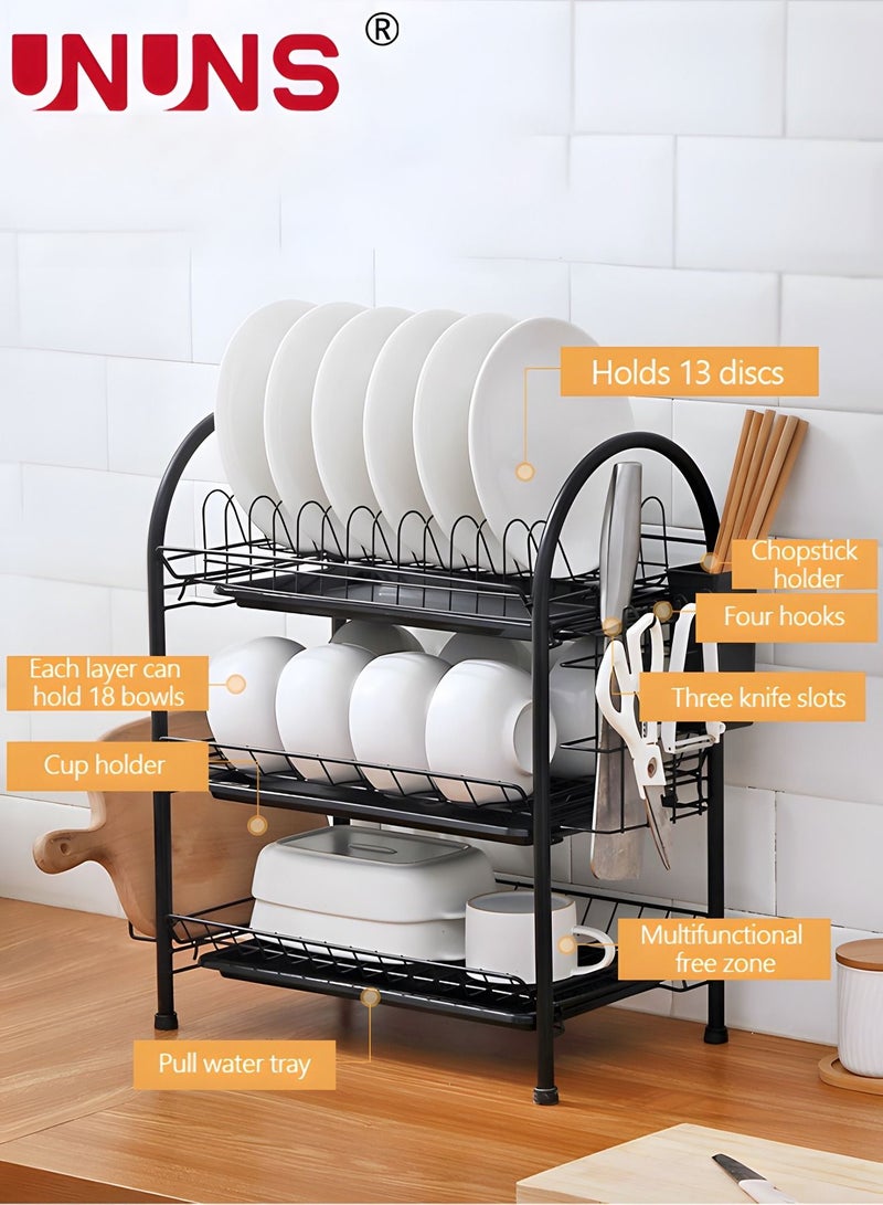 UNUNS Large Dish Drying Rack, 3 Tier Dish Rack with Tray Utensil Holder & Cup Holders, Large Capacity Rustproof Dish Drainer, Drain Board Tray for Kitchen Counter Organizer Storage for Kitchen Counter - Image 4