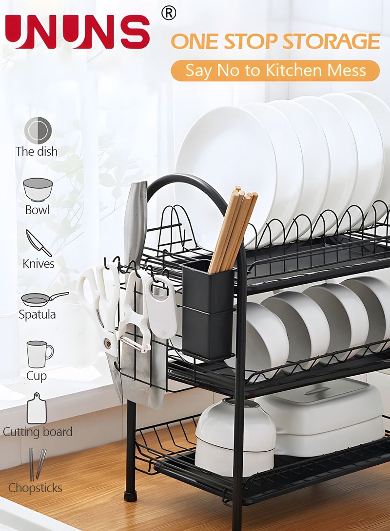UNUNS Large Dish Drying Rack, 3 Tier Dish Rack with Tray Utensil Holder & Cup Holders, Large Capacity Rustproof Dish Drainer, Drain Board Tray for Kitchen Counter Organizer Storage for Kitchen Counter - Image 3