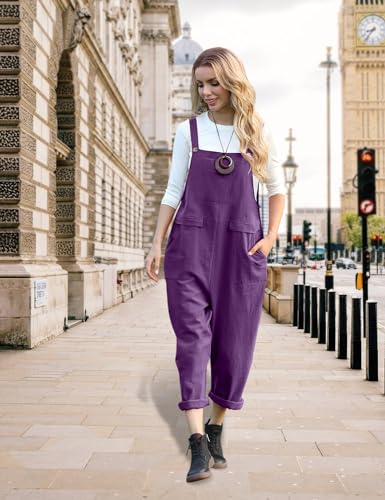 YESNO Women Long Casual Loose Bib Pants Overalls Baggy Rompers Jumpsuits with Pockets L PV9 Purple - Image 3
