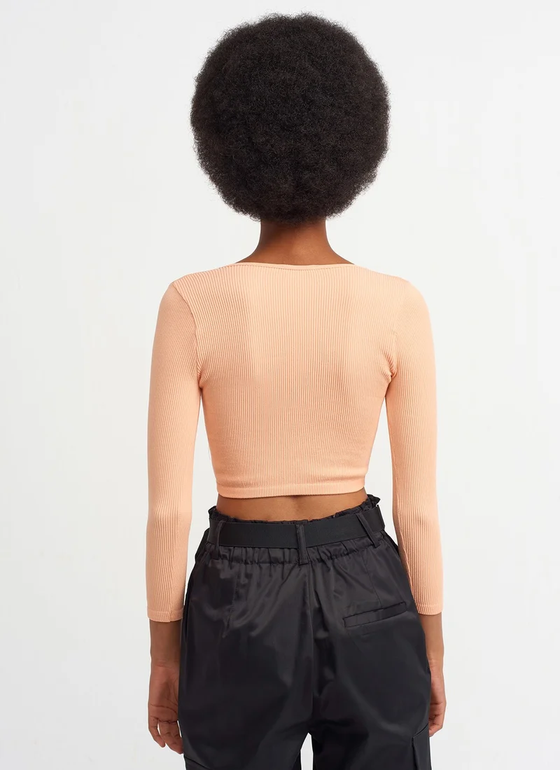 Dilvin 3529 Pool Neck Long Sleeve Crop Top-Peach