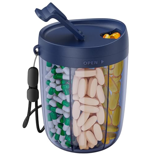 PULIV Large Pill Bottle Organizer Supplement Organizer for Holding 6 Various Vitamins Pill Box with AntiMixing Wide Opening Design Easy to Retrieve Meds and 20 Pcs Stickon Labels Business Blue