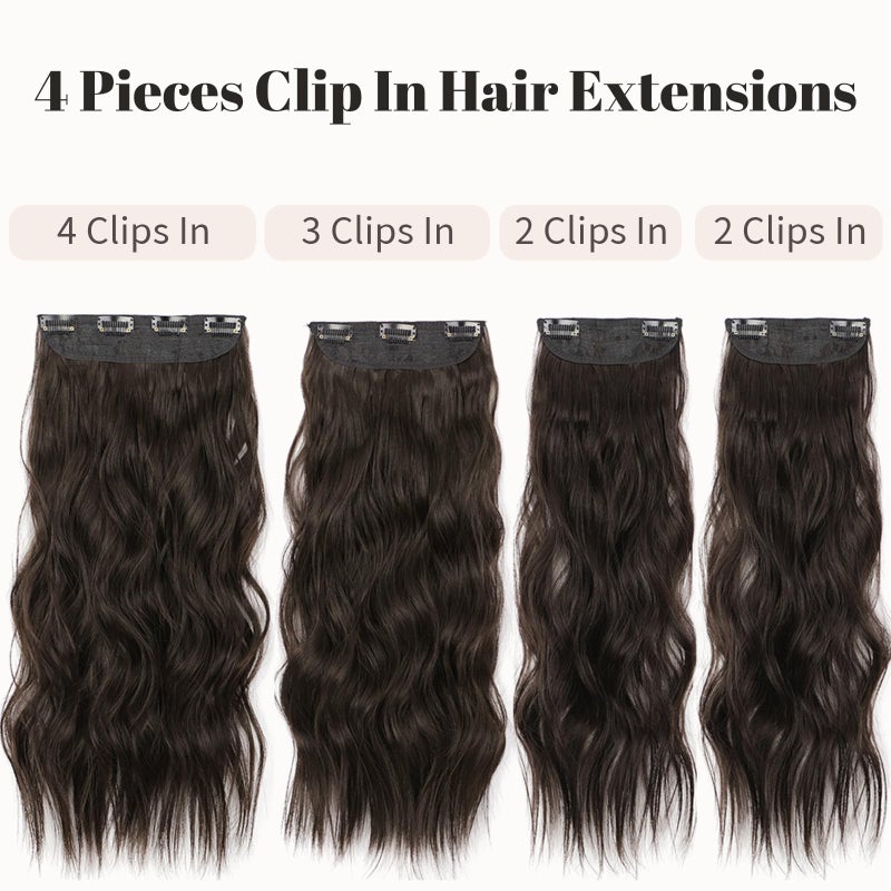 KooKaStyle Clip in Synthetic Hair Extensions Long Wavy 4PCS Thick Hairpieces Dark Brown 6# Fiber Double Weft Natural Hair Extensions 16 Inch for Women - Image 4