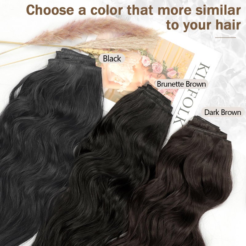 KooKaStyle Clip in Synthetic Hair Extensions Long Wavy 4PCS Thick Hairpieces Dark Brown 6# Fiber Double Weft Natural Hair Extensions 16 Inch for Women - Image 3