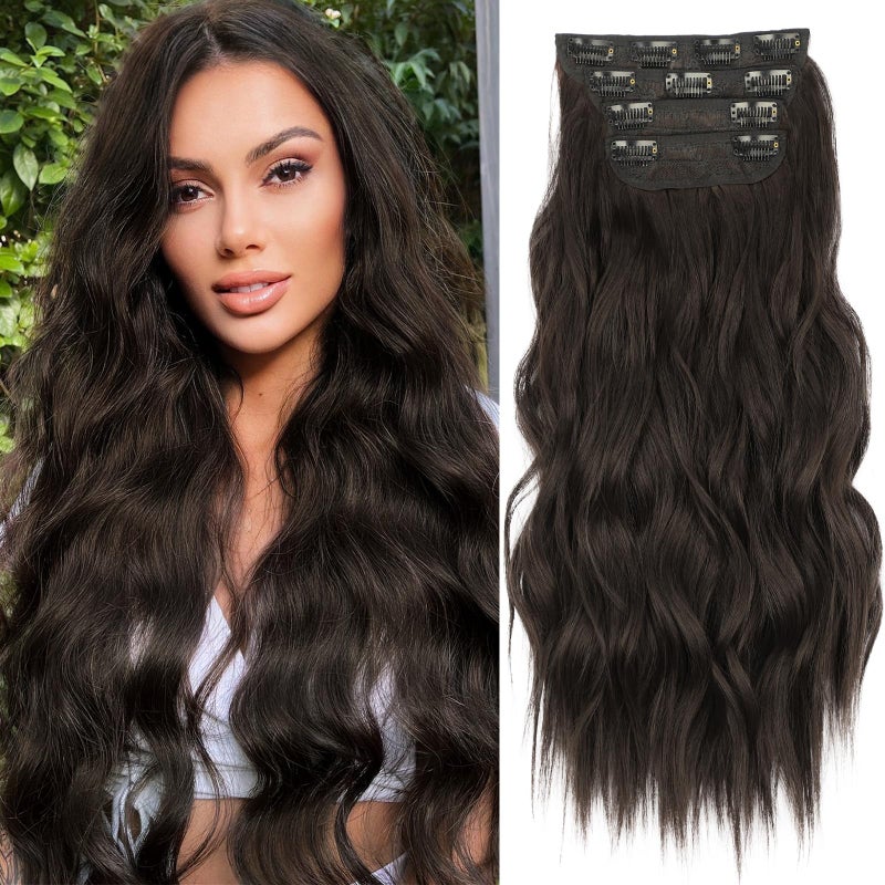KooKaStyle Clip in Synthetic Hair Extensions Long Wavy 4PCS Thick Hairpieces Dark Brown 6# Fiber Double Weft Natural Hair Extensions 16 Inch for Women - Image 1