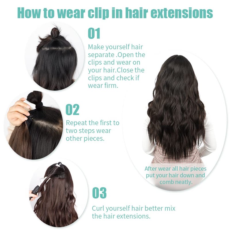 KooKaStyle Clip in Synthetic Hair Extensions Long Wavy 4PCS Thick Hairpieces Dark Brown 6# Fiber Double Weft Natural Hair Extensions 16 Inch for Women - Image 5