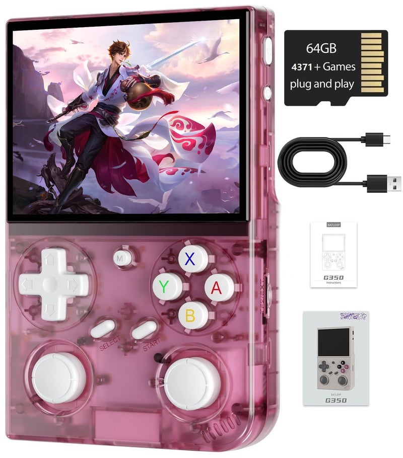 Voacle G350 Retro Handheld Game Console 35 Inch IPS Screen Linux System Builtin 64G TF Card 4371 Games Preloaded Handheld Game Console 3200mAh BatteryTransparent Pink - Image 3