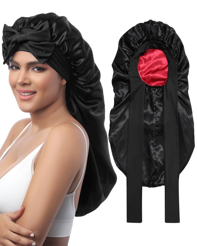 AWAYTR Long Satin Bonnet for Sleeping - Double Layer Reversible Silk Bonnet for Long Hair Women Sleeping Cap with Tie Band (Black+Wine Red) - Image 1
