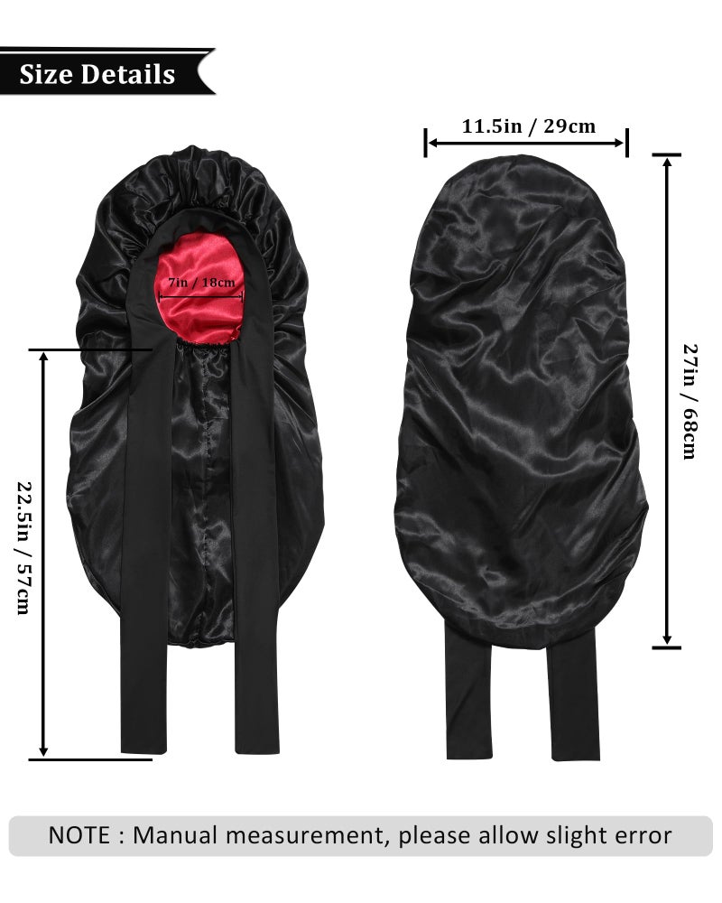 AWAYTR Long Satin Bonnet for Sleeping - Double Layer Reversible Silk Bonnet for Long Hair Women Sleeping Cap with Tie Band (Black+Wine Red) - Image 2