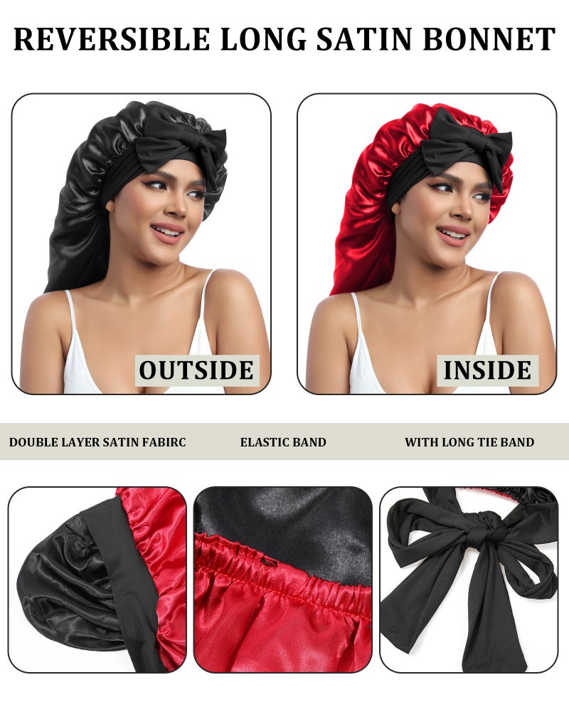 AWAYTR Long Satin Bonnet for Sleeping - Double Layer Reversible Silk Bonnet for Long Hair Women Sleeping Cap with Tie Band (Black+Wine Red) - Image 3