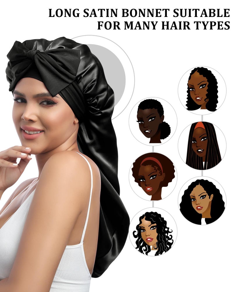 AWAYTR Long Satin Bonnet for Sleeping - Double Layer Reversible Silk Bonnet for Long Hair Women Sleeping Cap with Tie Band (Black+Wine Red) - Image 4