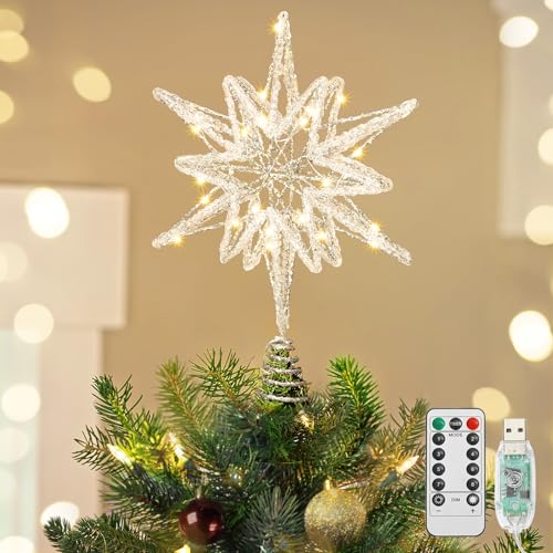 Luxspire Christmas Tree Topper Lighted Star Tree Topper with USB Plugin Remote Control 98 LED Metal Christmas Decorations Light Xmas Trees Decor for Home Party Crystal HexagramSilver - Image 1