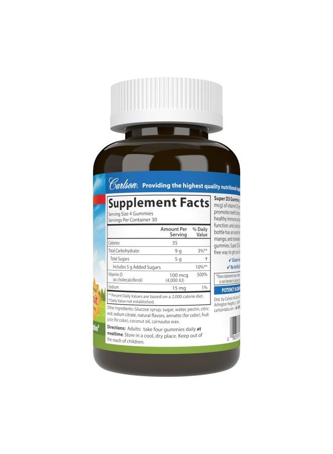 Carlson Labs, Super D3 Gummies, Natural Fruit Flavors, 100 mcg (4,000 IU), 120 Gummies - Image 4